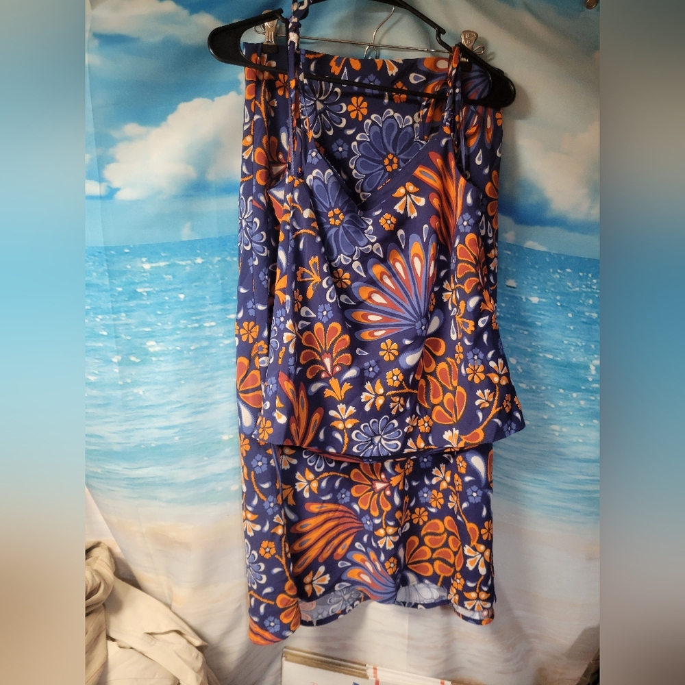 Sigrid Olsen NWT 2 Pc Floral Blue and Orange Women's Skirt And Top Set Size Smal